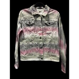 H&J Studded Spray Paint Denim Jacket Sz S Pink Gray Ombre Y2K Punk Streetwear
